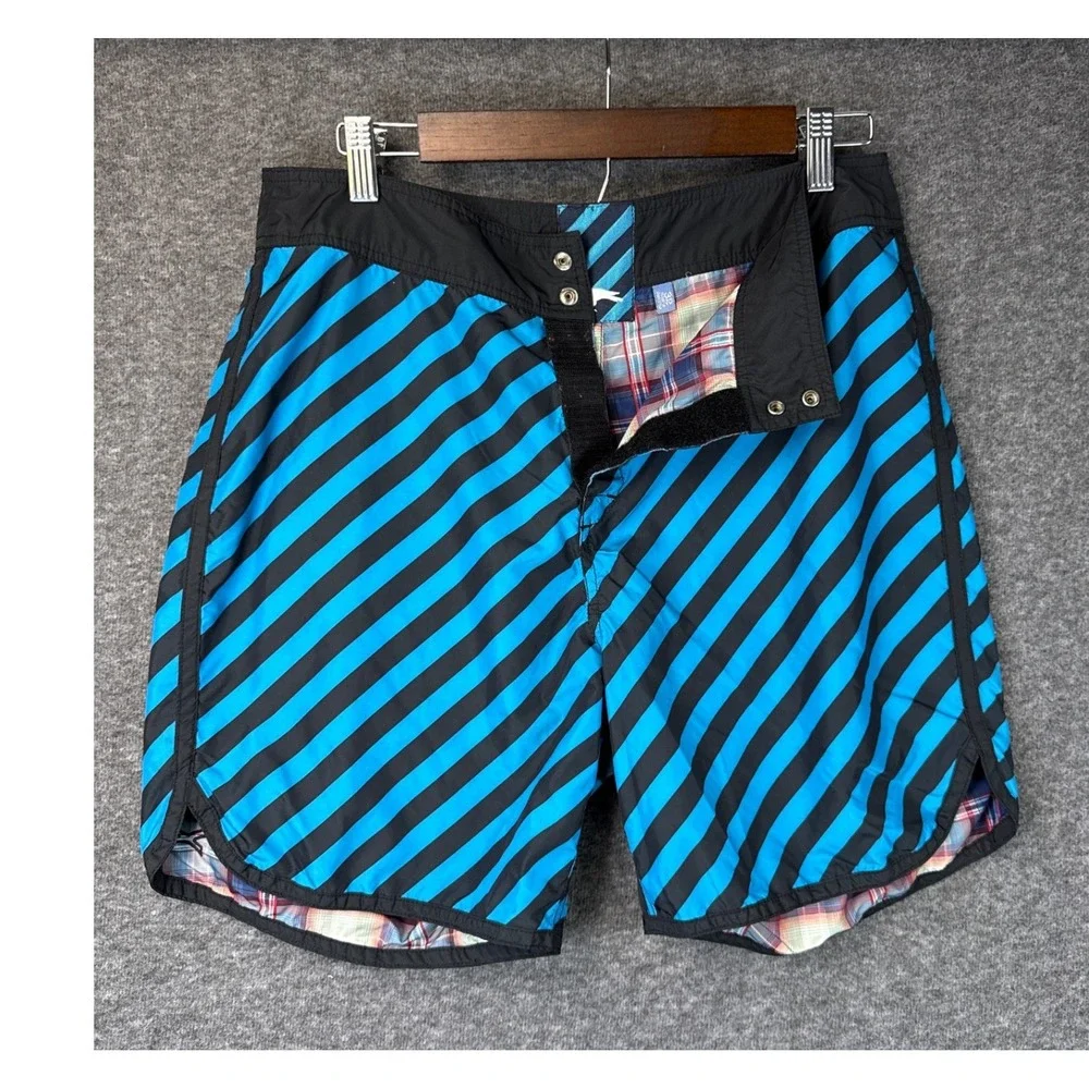 Modern Amusement Mens‎ Reversible Board Shorts Blue Black Striped Plaid Size 32